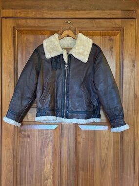 Vintage Brown Leather Shearling Bomber Jacket with Black Leather Detailing
